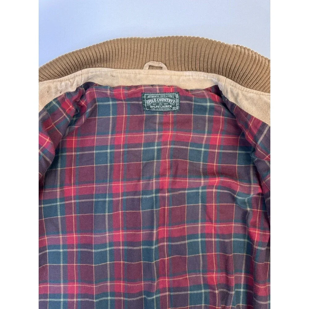 Vintage Polo Country Ralph Lauren Suede Flight Jacket Plaid Lined DISTRESSED XL